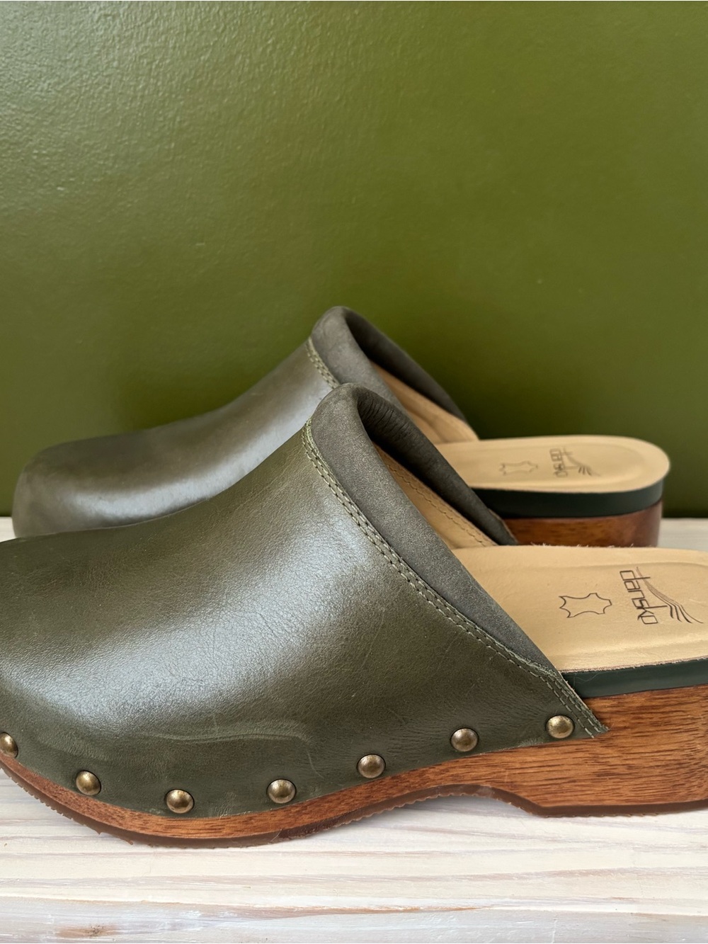 Dansko Olive Green Leather Clogs with Wood Platform